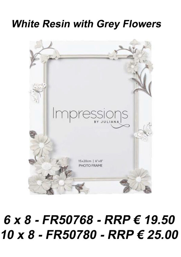 White Resin with Grey Flowers Photo Frame